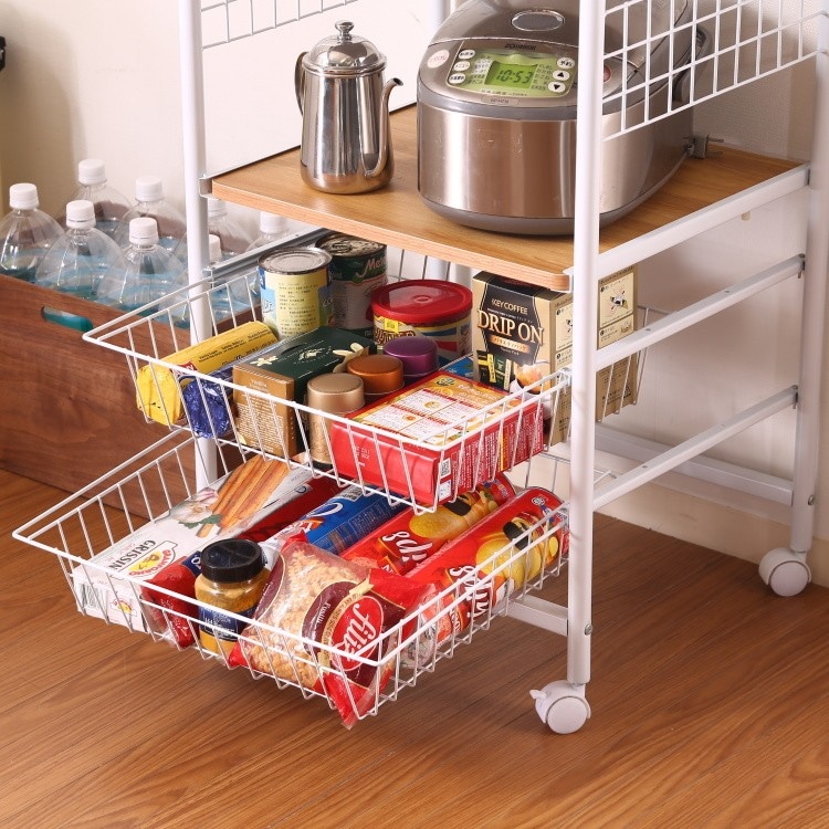 スリム レンジ台 幅51.5cm レンジワゴン キッチン ラック スライド棚 バスケット棚2段 収納