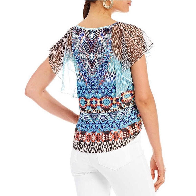 ワン ワールド レディース トップス【One World Apparel Petites Printed Flutter Sleeve Tie-Front Knit Top】Heightened Ch ワン ワールド レディース トップス【One World Apparel Petites Printed Flutter Sleeve Tie-Front Knit Top】Heightened Ch