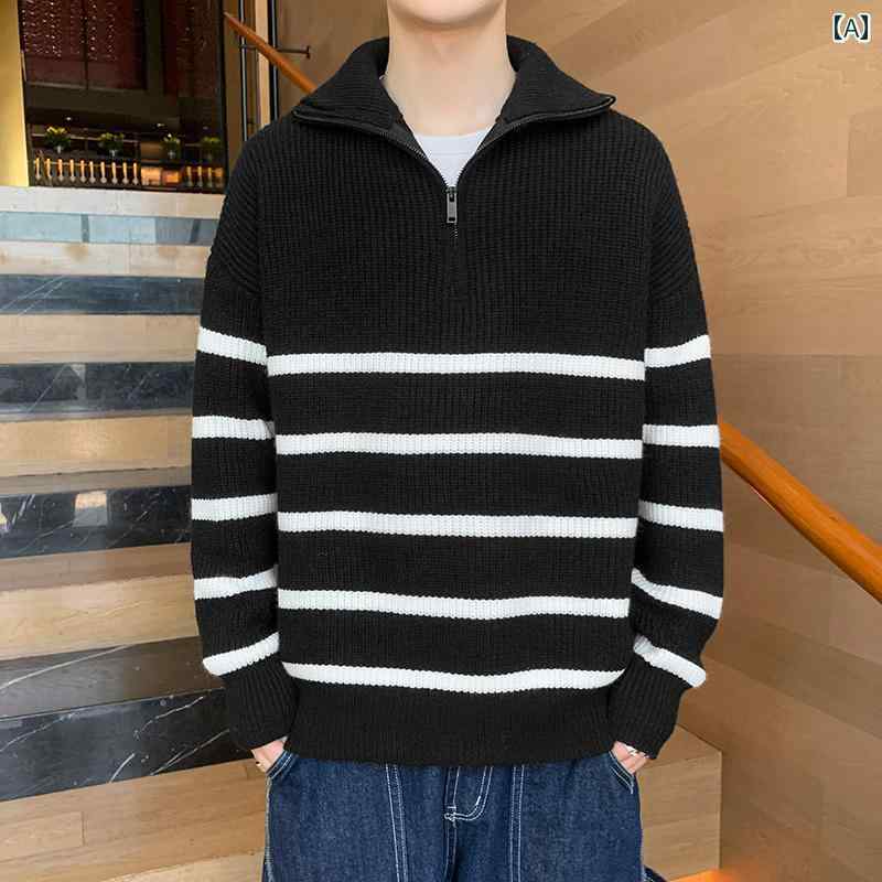 セーター メンズ ニット トップス 秋冬 ハーフジップ ボーダー ファッション カジュアル ブラック ホワイト 韓国