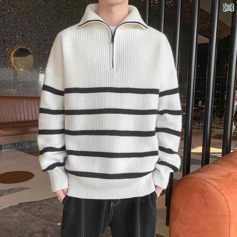 セーター メンズ ニット トップス 秋冬 ハーフジップ ボーダー ファッション カジュアル ブラック ホワイト 韓国
