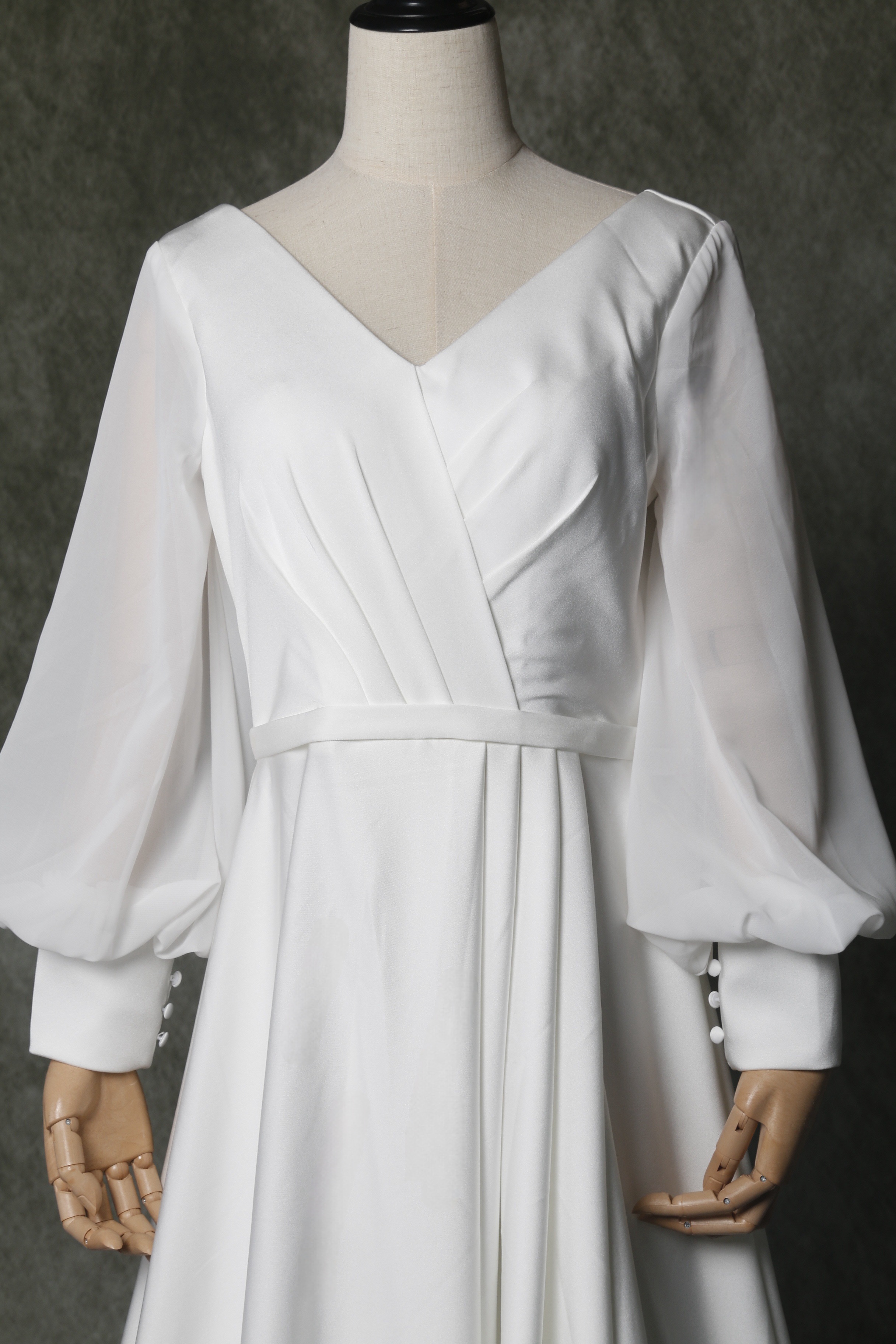 パーティードレス ホワイト Vネック 長袖 トレーン 背中見せ 二次会/演奏会 パーティードレス ホワイト Vネック 長袖 トレーン 背中見せ 二次会/演奏会