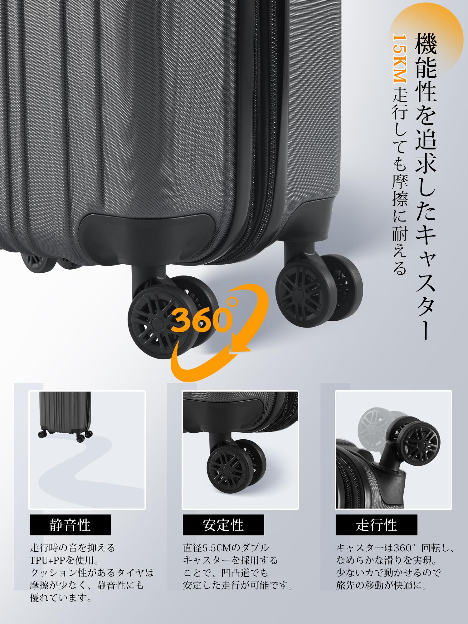 [Bargiotti] スーツケース Mサイズ 拡張機能付 キャリーケース 超軽量 耐衝撃 ダブルキャスター 360度回転 ファスナータイプ 大容量 TSAローク搭載 ABS素材 旅行 出張 キャリー