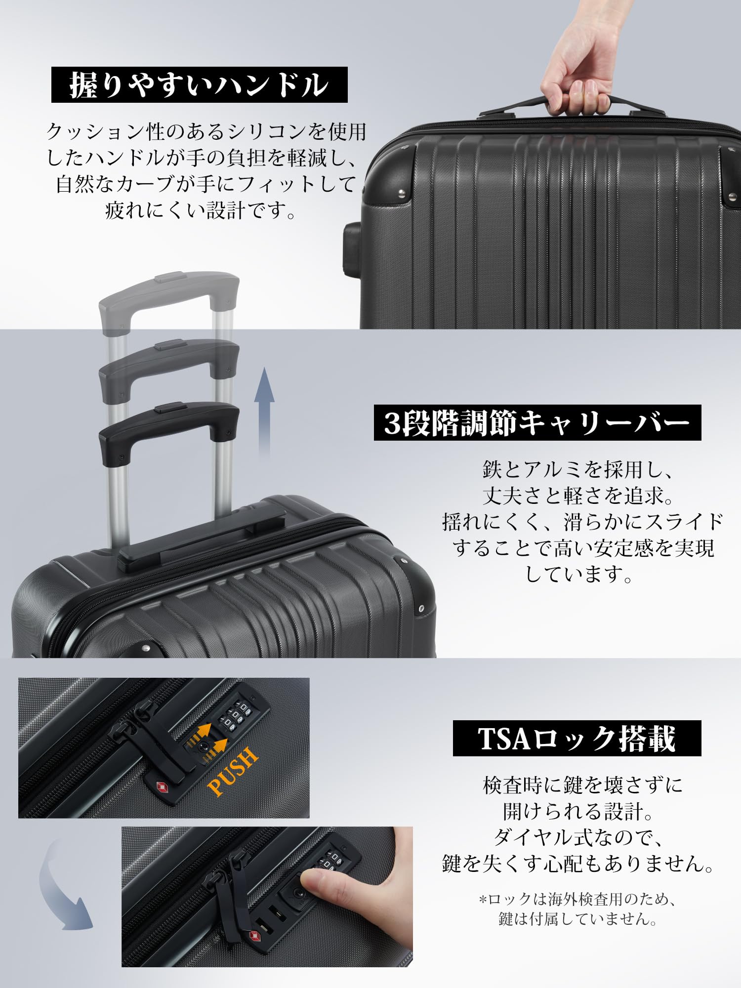 [Bargiotti] スーツケース Mサイズ 拡張機能付 キャリーケース 超軽量 耐衝撃 ダブルキャスター 360度回転 ファスナータイプ 大容量 TSAローク搭載 ABS素材 旅行 出張 キャリー