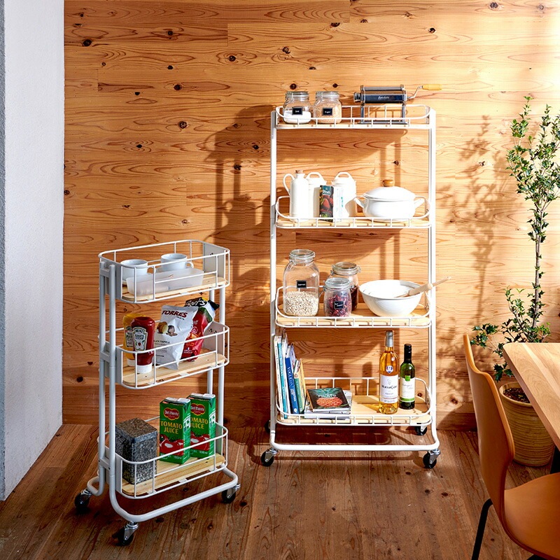 スチールラック ワゴン 3段ラック キャスター付き 移動楽々 パインウッド アイアン かわいい レトロ シンプル 北欧 キッチン バスルーム リビング 子供部屋 一人暮らし 賃貸 ブラック ホワイト