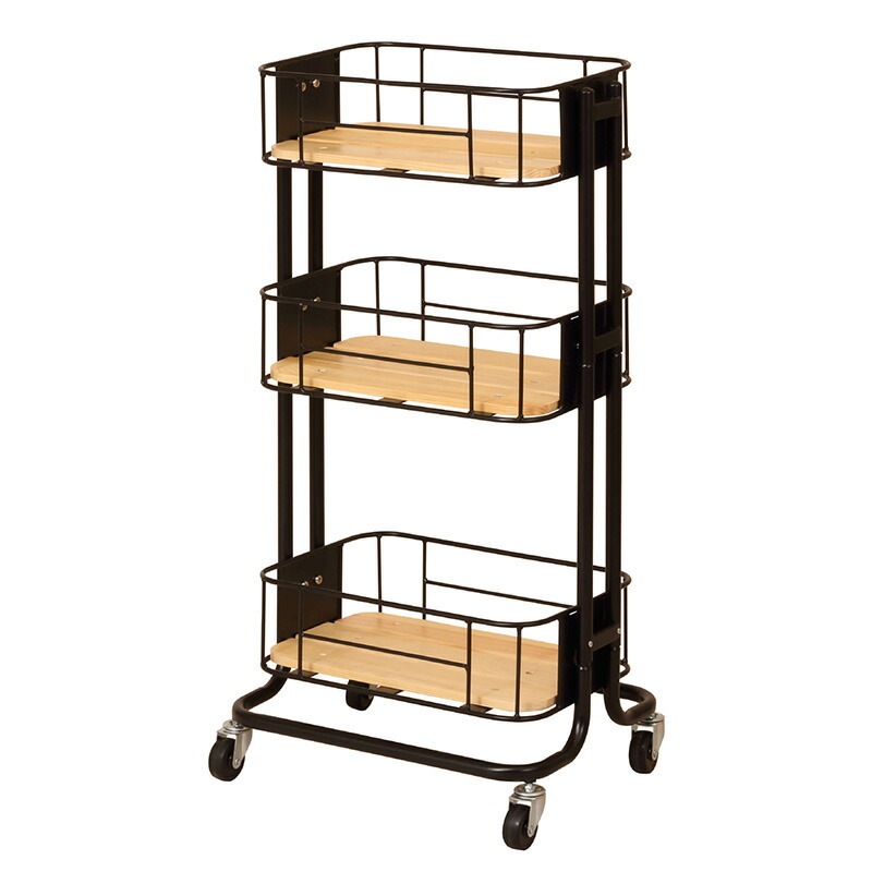 スチールラック ワゴン 3段ラック キャスター付き 移動楽々 パインウッド アイアン かわいい レトロ シンプル 北欧 キッチン バスルーム リビング 子供部屋 一人暮らし 賃貸 ブラック ホワイト