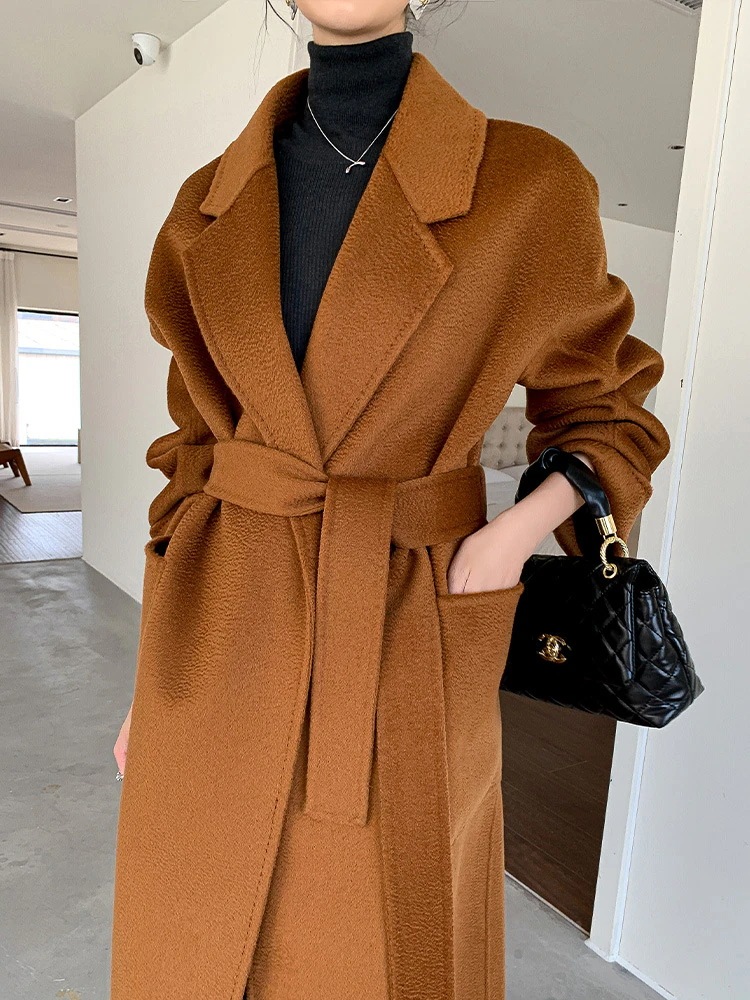 パープル両面ツイードウールコート女性水波紋気質ハイエンドミディアムレングストレンチコートモデルヘップバーンスタイルツイードジャケット