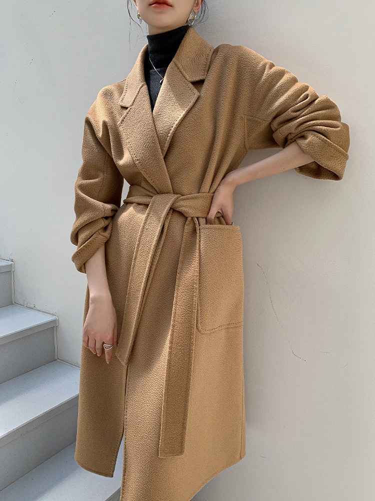 パープル両面ツイードウールコート女性水波紋気質ハイエンドミディアムレングストレンチコートモデルヘップバーンスタイルツイードジャケット