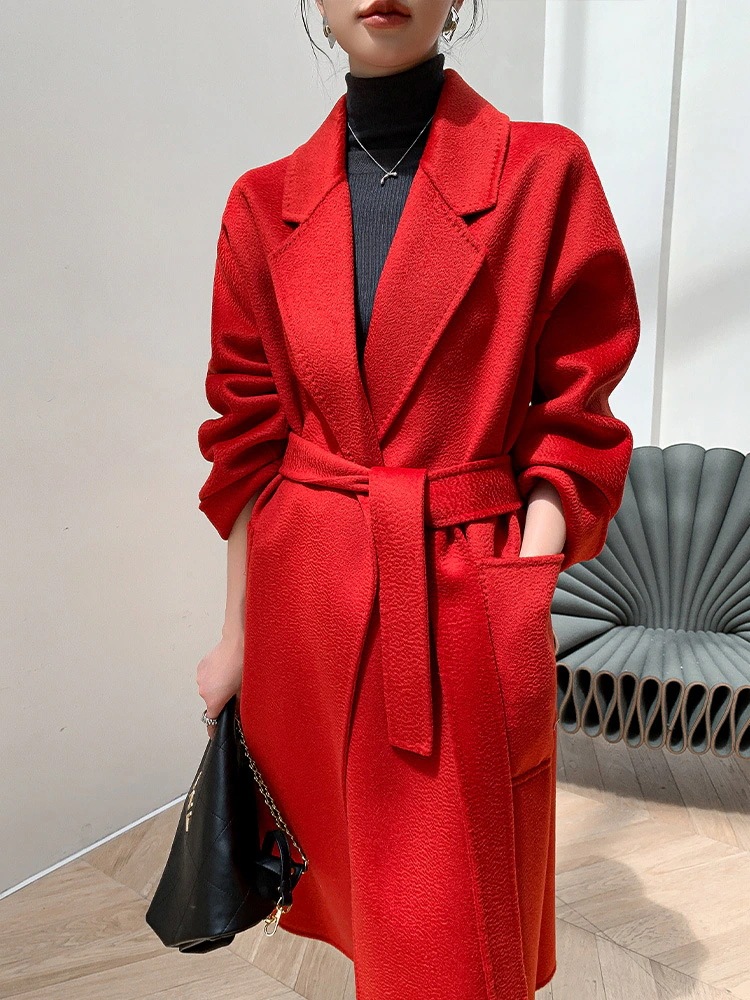 パープル両面ツイードウールコート女性水波紋気質ハイエンドミディアムレングストレンチコートモデルヘップバーンスタイルツイードジャケット