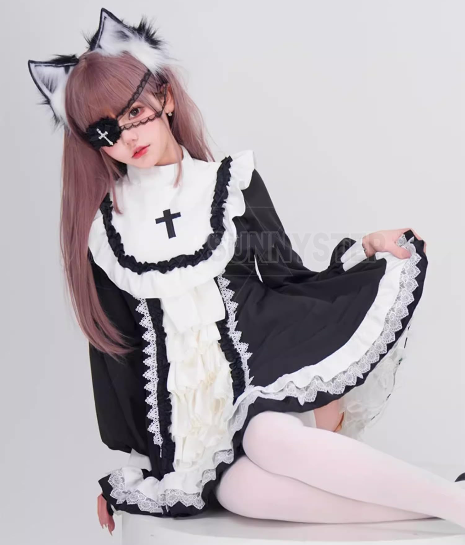 眼帯 十字架 クロス メイド 服 コスプレ コスチューム 衣装 長袖 黒 水色 ワンピース 修道女 聖母 胸あき ブラック ホワイト ブルー ゴシック ロリータ ボリューム フリル 85675
