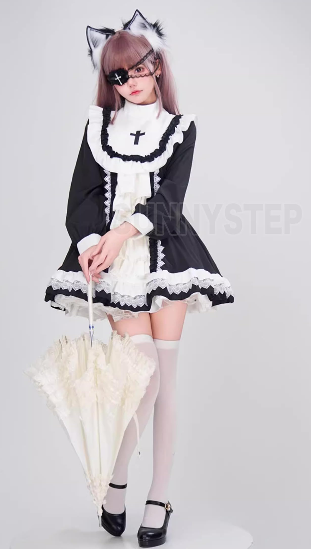 眼帯 十字架 クロス メイド 服 コスプレ コスチューム 衣装 長袖 黒 水色 ワンピース 修道女 聖母 胸あき ブラック ホワイト ブルー ゴシック ロリータ ボリューム フリル 85675