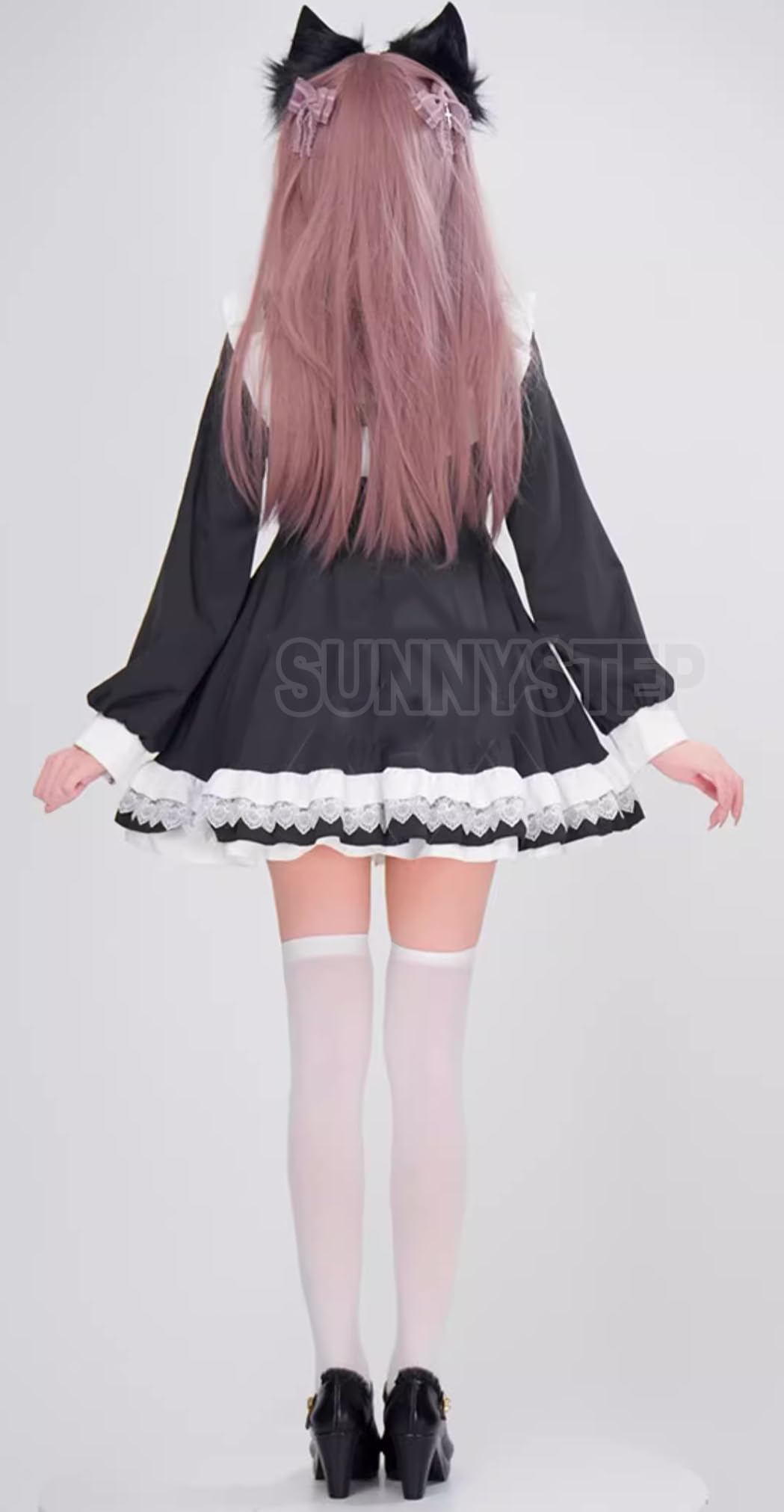 眼帯 十字架 クロス メイド 服 コスプレ コスチューム 衣装 長袖 黒 水色 ワンピース 修道女 聖母 胸あき ブラック ホワイト ブルー ゴシック ロリータ ボリューム フリル 85675