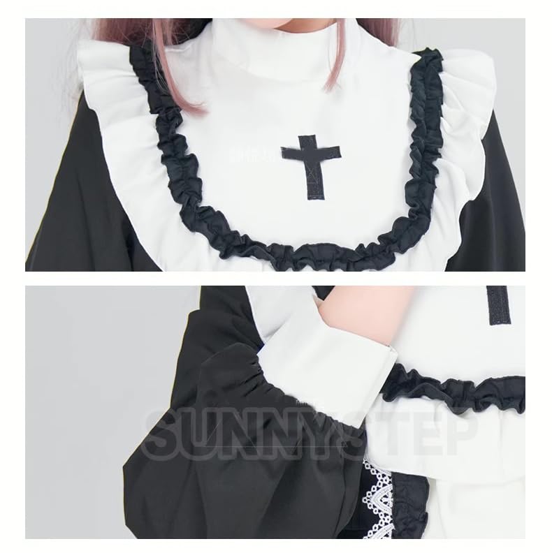 眼帯 十字架 クロス メイド 服 コスプレ コスチューム 衣装 長袖 黒 水色 ワンピース 修道女 聖母 胸あき ブラック ホワイト ブルー ゴシック ロリータ ボリューム フリル 85675