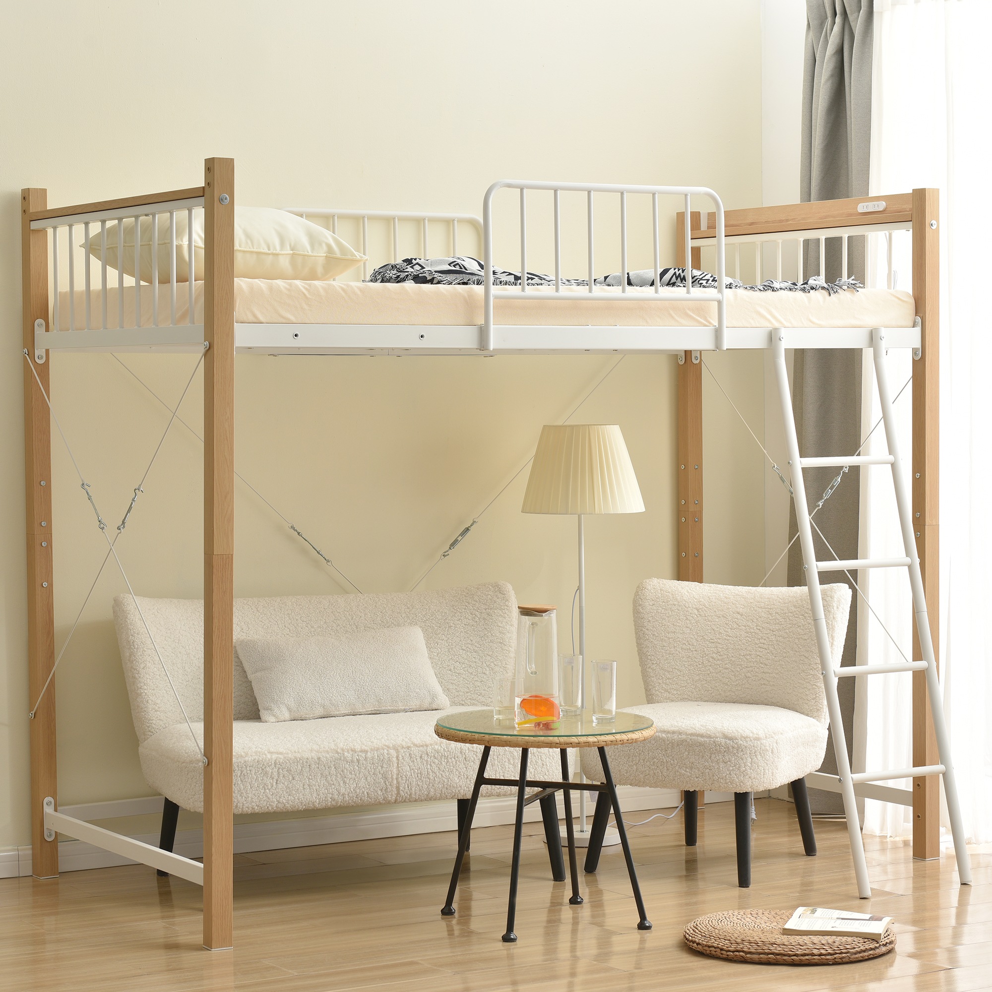 北欧風コンセント付きロフトベッド パイプベッド　シングル（S）BROWN BTM ロフトベッド パイプベッド シングル コンセント ハンガーポール