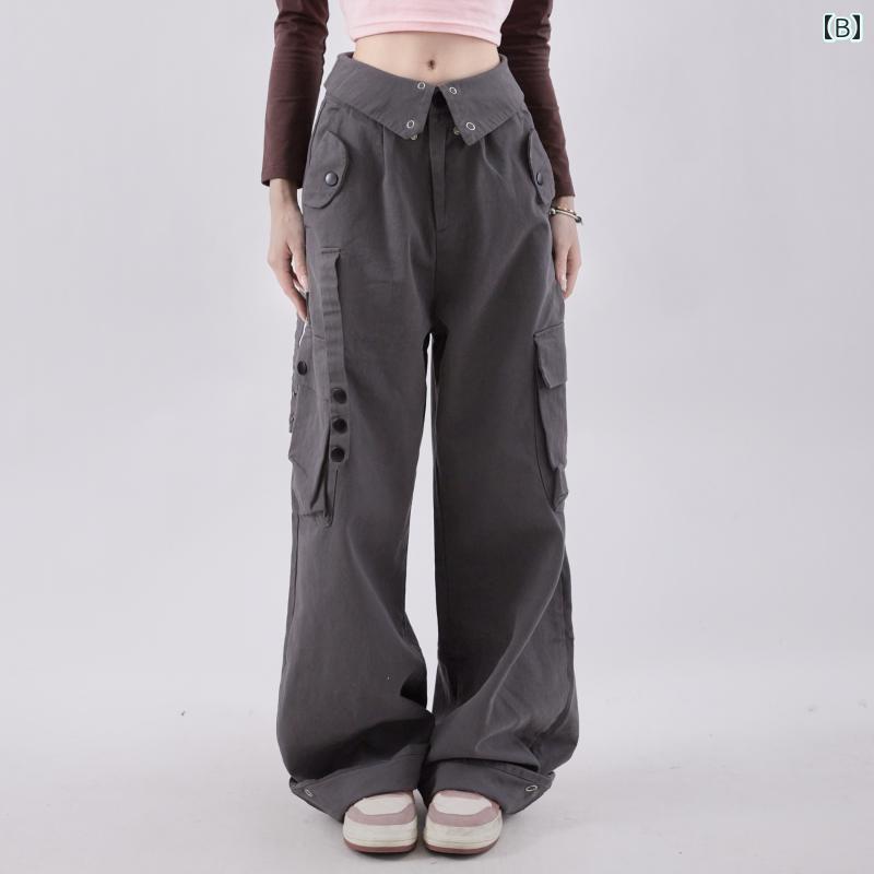 カーゴパンツ　メンズ　レディース Rayohopp レディース 春用 オーバー オール 小さい サイズ ストリート スタイル アメリカン レトロ フリップ ウエスト カジュアル パンツ