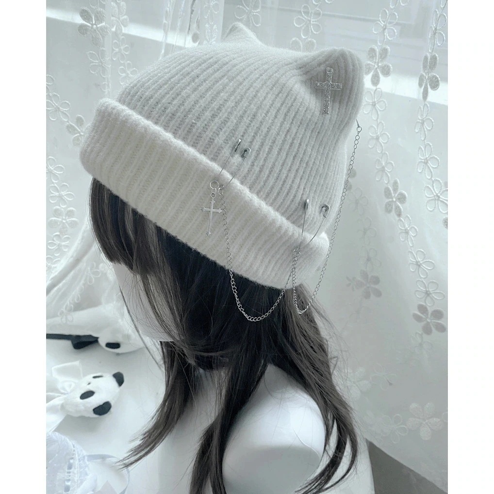 人气新作高評価 Y2K 地雷系 グラウンドレイシステム チェーン ニット 毛糸の帽子 韓国ファッション 46aa476