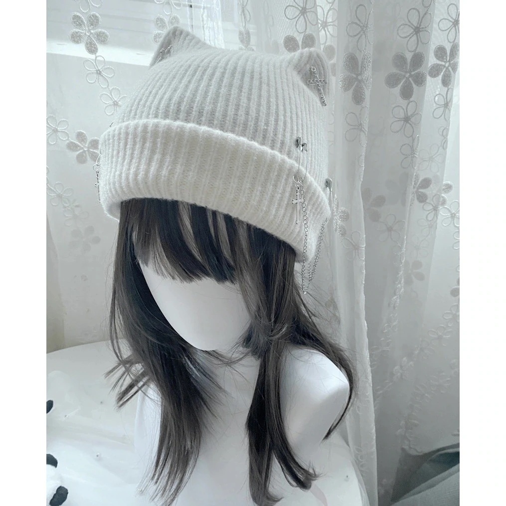 人气新作高評価 Y2K 地雷系 グラウンドレイシステム チェーン ニット 毛糸の帽子 韓国ファッション 46aa476