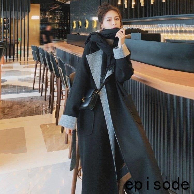 ラシャコート コート ジャケット レデイース 長袖コート 配色 ベルト付き韓国風 らしゃ きれいめ ロング丈コート カジュアルウエア 上品 着痩せ