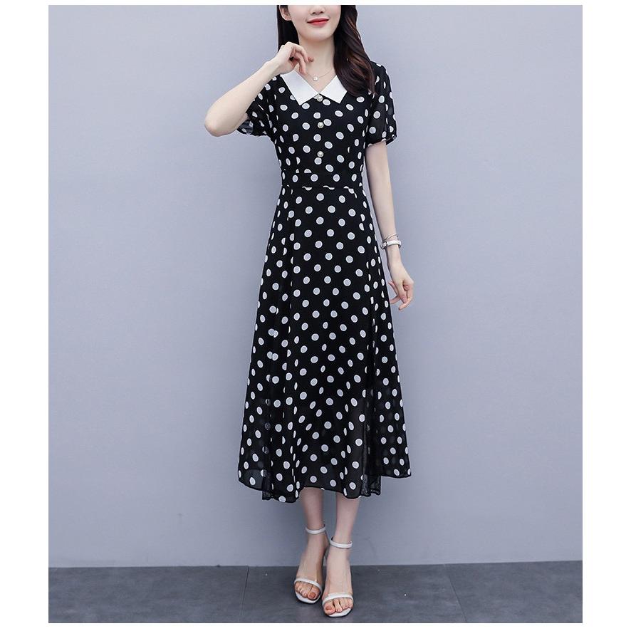 ワンピース レディース マキシワンピース 春夏 半袖ワンピース ドット柄 レース裾 フレアスカート シフォン オシャレ 結婚式ドレス お出かけ 大人可愛い