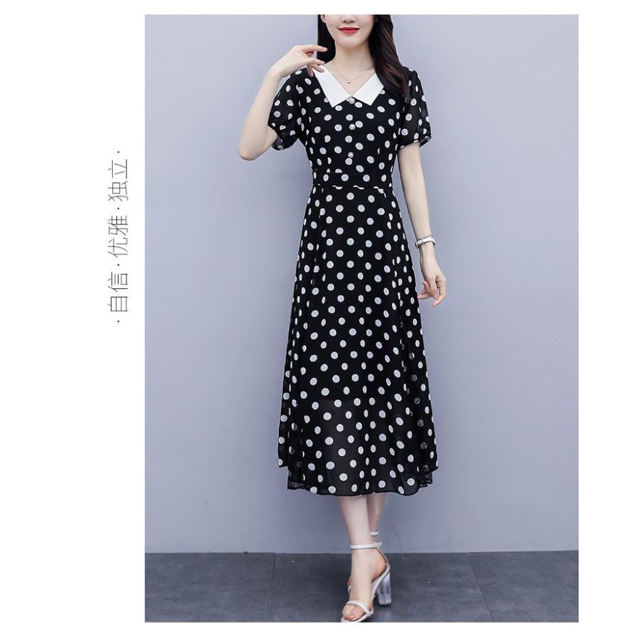ワンピース レディース マキシワンピース 春夏 半袖ワンピース ドット柄 レース裾 フレアスカート シフォン オシャレ 結婚式ドレス お出かけ 大人可愛い