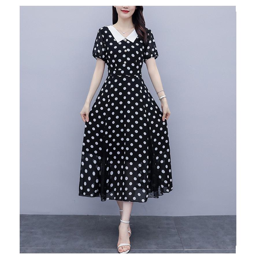 ワンピース レディース マキシワンピース 春夏 半袖ワンピース ドット柄 レース裾 フレアスカート シフォン オシャレ 結婚式ドレス お出かけ 大人可愛い