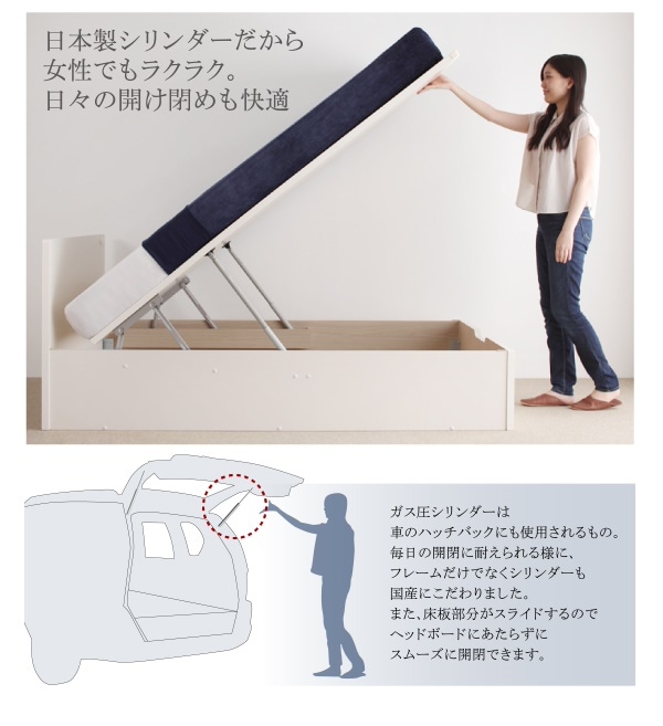 [組立設置付]フラットヘッド コンセント付 跳ね上げ収納ベッド [ムランテ] [薄型スタンダードボンネルコイルマットレス付き] セミシングル 深さラージ [フレーム色]ナチュラル