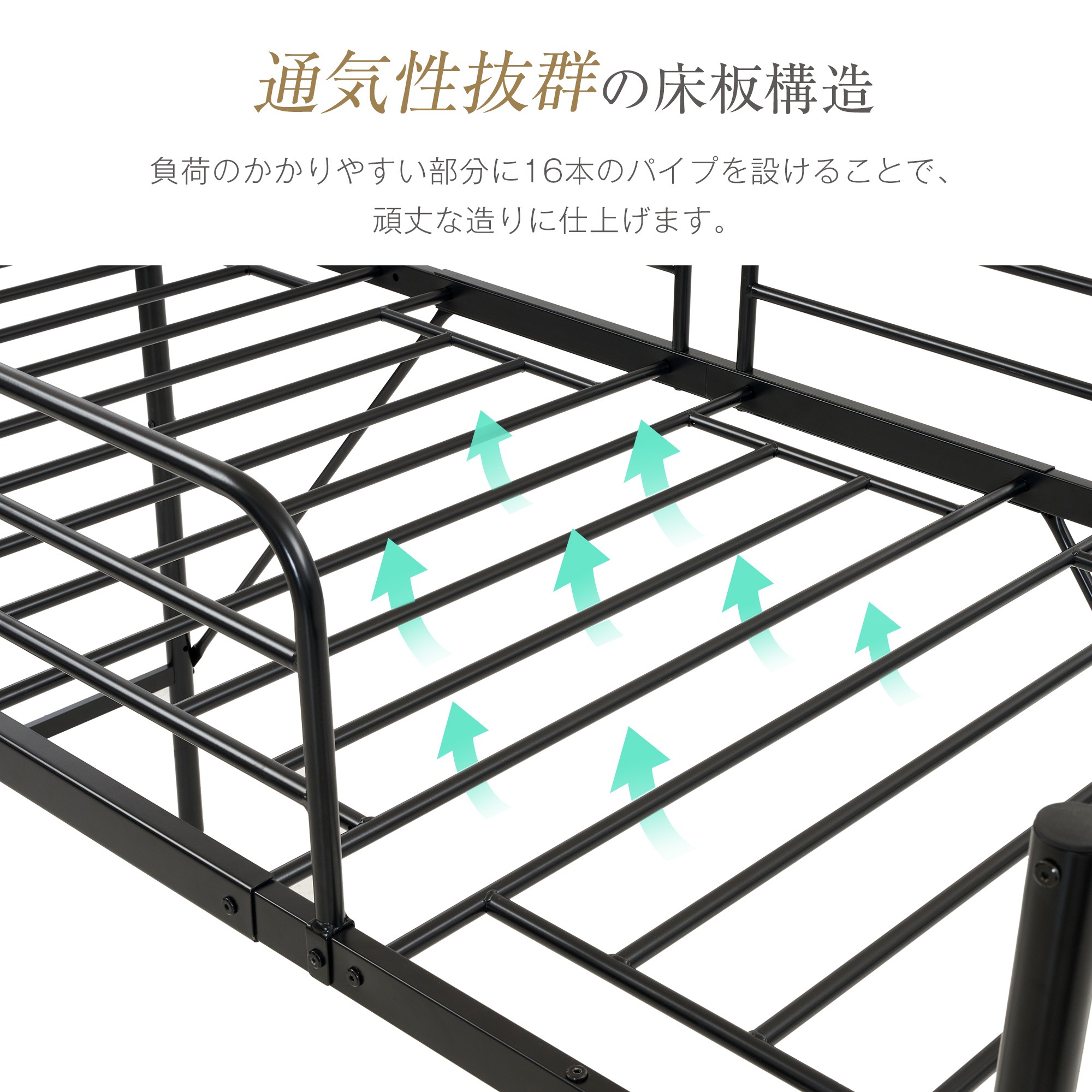 国内発送&送·料·無·料】新作 ブラック ロフトベッド 片側手すり付き