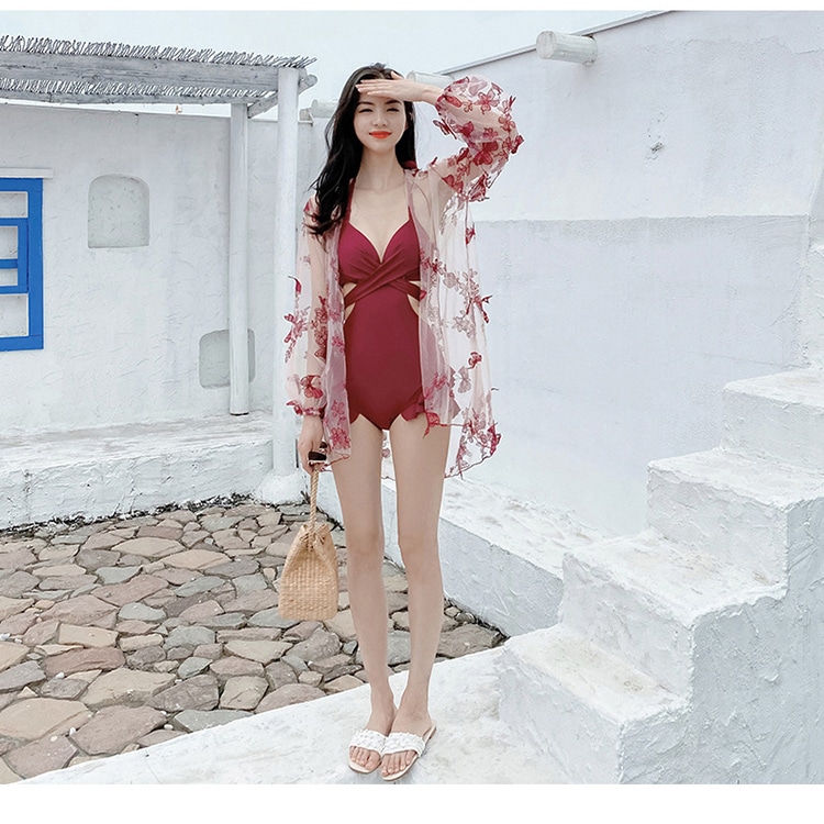 ラッシュガード付き水着 レディース セクシー 一体型 ビキニ 水着 2点セット 体型カバー お洒落 透け感 過激 大きいサイズ 花柄 深ｖネック ハイレグ ハイウエスト ワイヤ入り パット入り 温泉水