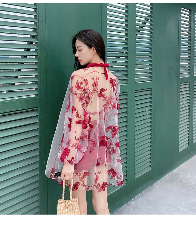 ラッシュガード付き水着 レディース セクシー 一体型 ビキニ 水着 2点セット 体型カバー お洒落 透け感 過激 大きいサイズ 花柄 深ｖネック ハイレグ ハイウエスト ワイヤ入り パット入り 温泉水