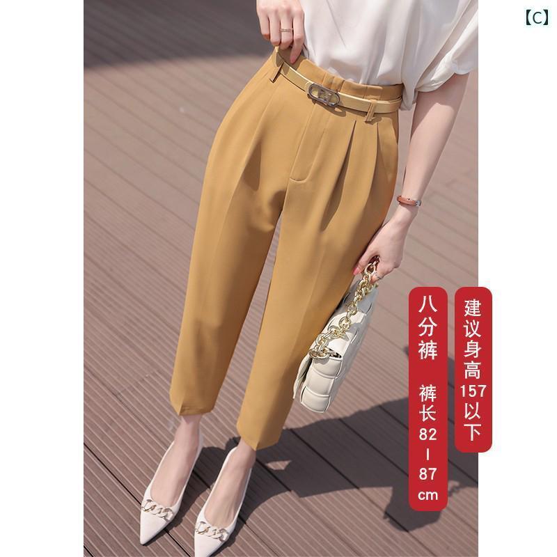 スラックス レディース 夏 薄手 クロップドパンツ ストレート センタープレス タック ポケット ハイウエスト スリム カジュアル オフィス シンプル カーキ 黒 大きめサイズ