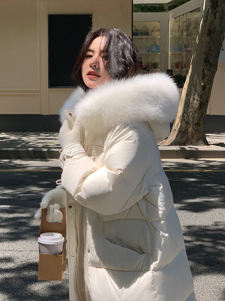 2025新作ダウンジャケットレディースミディアムロングホワイトダックダウン厚みのあるおしゃれなロングスリムジャケット