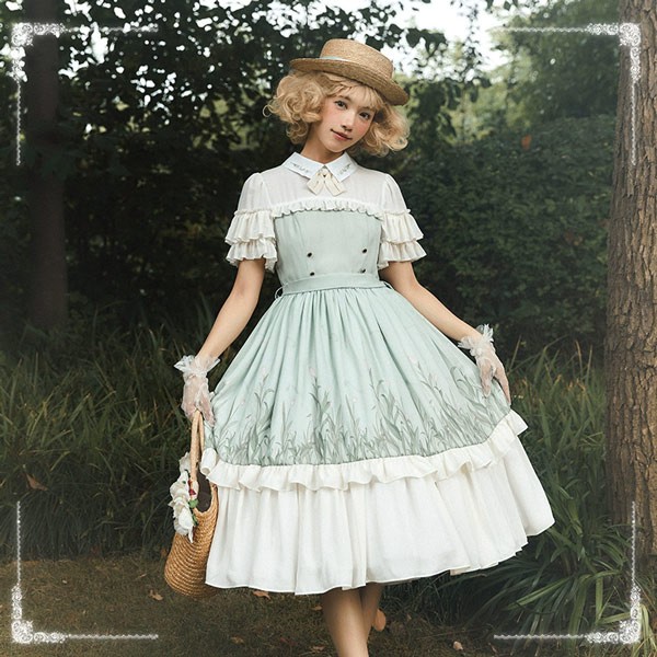 ロリータワンピース リーフ柄 春夏用 ミモレ丈 切り替え ゴスロリ レディース ワンピース Aライン ロリィタファッション フリル レース リボン 半袖 日常着 洋服 コスチューム 衣装 エレガント ロリータワンピース リーフ柄 春夏用 ミモレ丈 切り替え ゴスロリ レディース ワンピース Aライン ロリィタファッション フリル レース リボン 半袖 日常着 洋服 コスチューム 衣装 エレガント