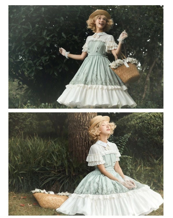 ロリータワンピース リーフ柄 春夏用 ミモレ丈 切り替え ゴスロリ レディース ワンピース Aライン ロリィタファッション フリル レース リボン 半袖 日常着 洋服 コスチューム 衣装 エレガント ロリータワンピース リーフ柄 春夏用 ミモレ丈 切り替え ゴスロリ レディース ワンピース Aライン ロリィタファッション フリル レース リボン 半袖 日常着 洋服 コスチューム 衣装 エレガント