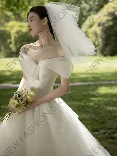 フランス式ウェディングドレス2024新型ワンショルダー小柄ドレス-41