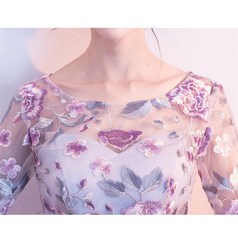 パーティードレス 結婚式ドレス 袖あり ウエディングドレス レース 花柄 刺繍 着痩せ 大人 可愛い