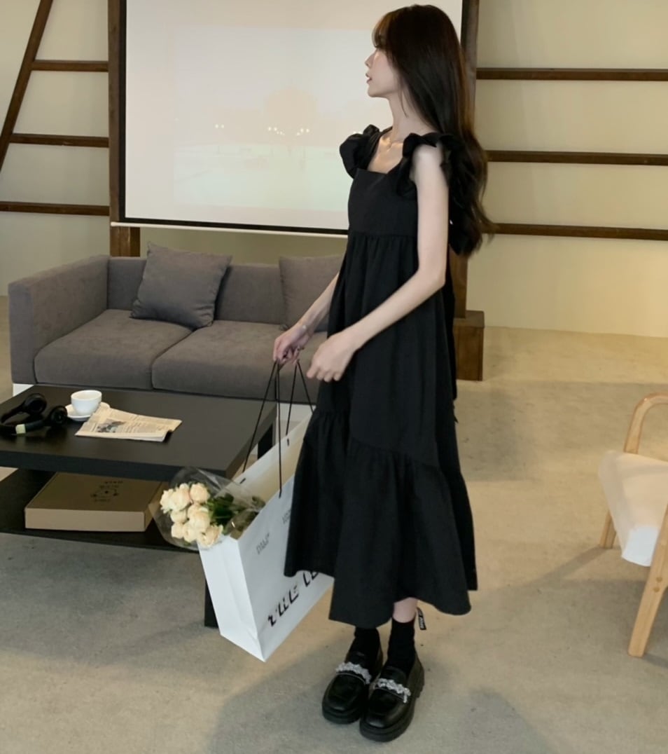 フレンチスリーブ ミモレ丈 ティアードワンピース ワンピース 膝下 ミモレ 半袖 スクエアネック 襟なし フレア Aライン リボン バックリボン バックシャン バックコンシャス フリル ハイウエスト