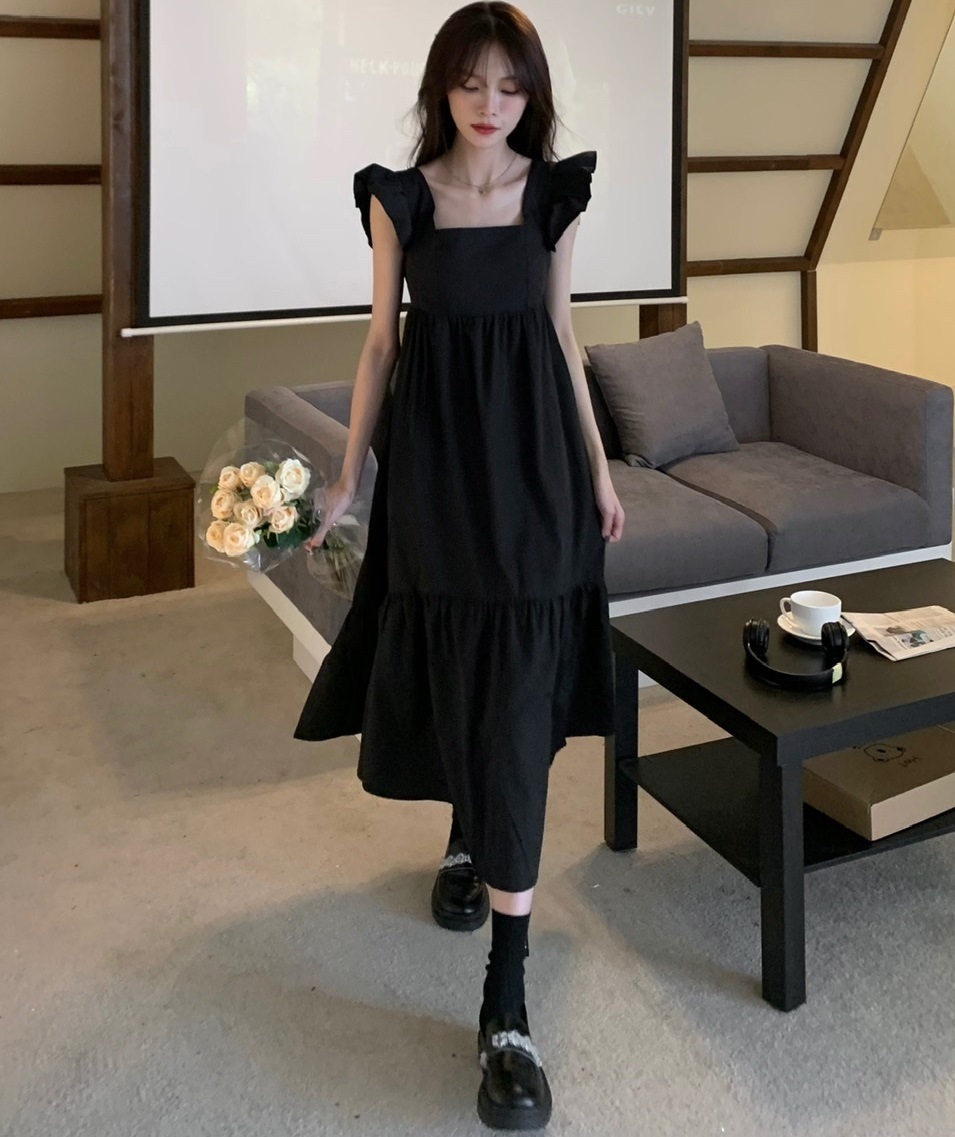 フレンチスリーブ ミモレ丈 ティアードワンピース ワンピース 膝下 ミモレ 半袖 スクエアネック 襟なし フレア Aライン リボン バックリボン バックシャン バックコンシャス フリル ハイウエスト