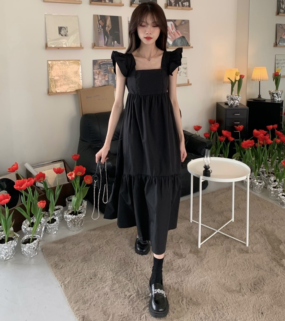 フレンチスリーブ ミモレ丈 ティアードワンピース ワンピース 膝下 ミモレ 半袖 スクエアネック 襟なし フレア Aライン リボン バックリボン バックシャン バックコンシャス フリル ハイウエスト