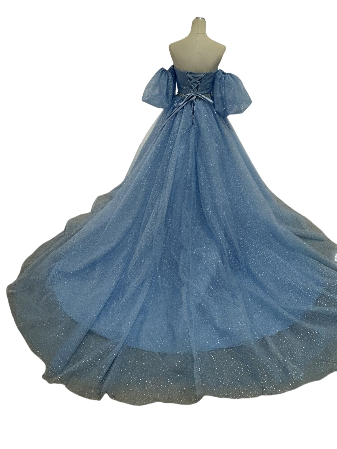 カラードレス パフスリーブ ベルト グリッタードレス 編み上げ 披露宴/結婚式 爽やかで優しいブルー カラードレス パフスリーブ ベルト グリッタードレス 編み上げ 披露宴/結婚式 爽やかで優しいブルー