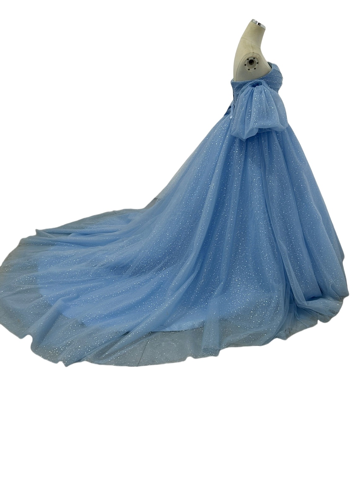 カラードレス パフスリーブ ベルト グリッタードレス 編み上げ 披露宴/結婚式 爽やかで優しいブルー カラードレス パフスリーブ ベルト グリッタードレス 編み上げ 披露宴/結婚式 爽やかで優しいブルー