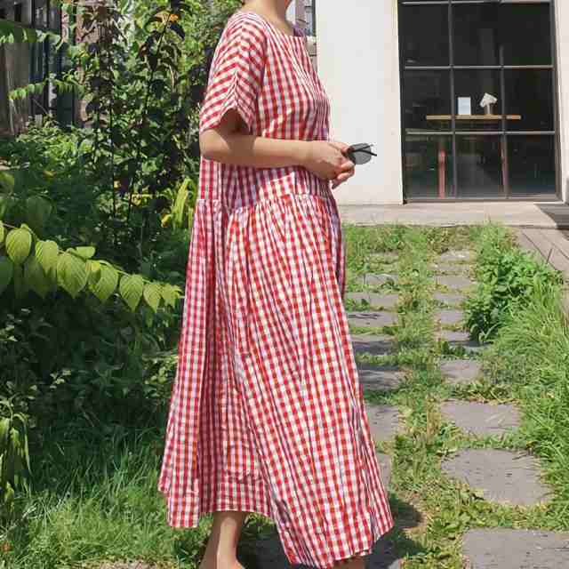 ワンピース 韓国 おしゃれ フレア ロング丈 ミモレ丈 レディース服 半袖 ラウンドネック Aライン ウエスト ギャザー 切り替え ギンガムチェ