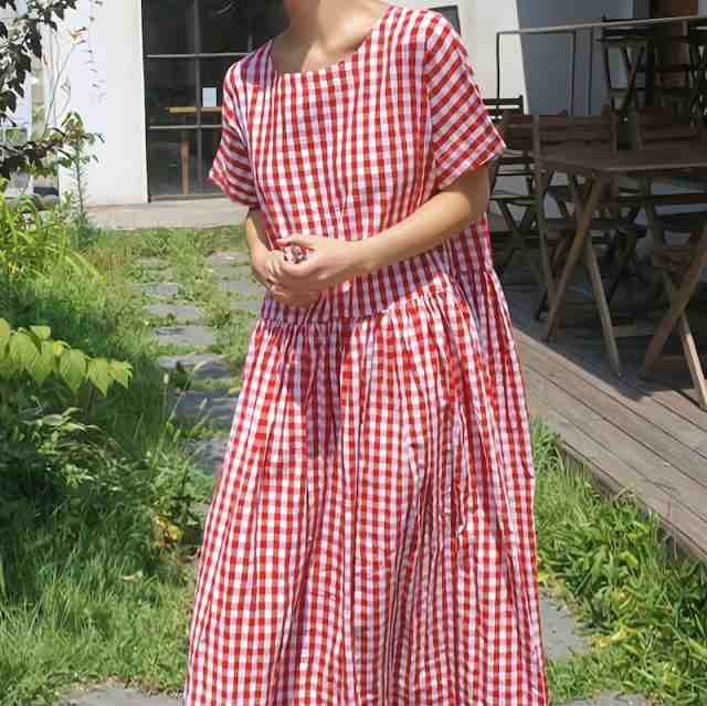 ワンピース 韓国 おしゃれ フレア ロング丈 ミモレ丈 レディース服 半袖 ラウンドネック Aライン ウエスト ギャザー 切り替え ギンガムチェ