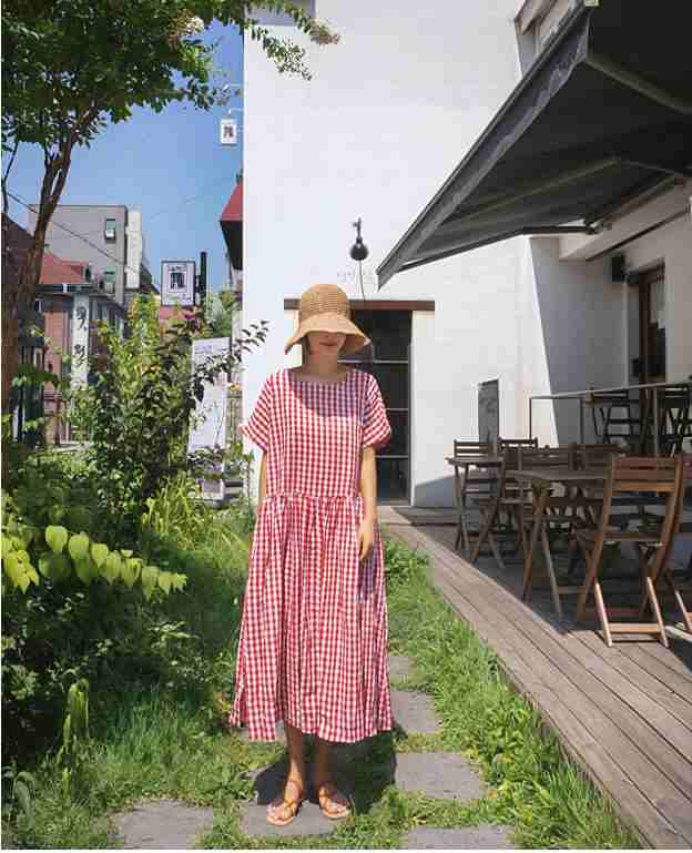 ワンピース 韓国 おしゃれ フレア ロング丈 ミモレ丈 レディース服 半袖 ラウンドネック Aライン ウエスト ギャザー 切り替え ギンガムチェ
