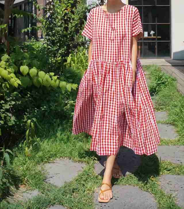 ワンピース 韓国 おしゃれ フレア ロング丈 ミモレ丈 レディース服 半袖 ラウンドネック Aライン ウエスト ギャザー 切り替え ギンガムチェ