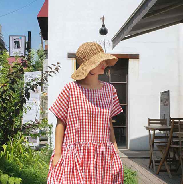 ワンピース 韓国 おしゃれ フレア ロング丈 ミモレ丈 レディース服 半袖 ラウンドネック Aライン ウエスト ギャザー 切り替え ギンガムチェ