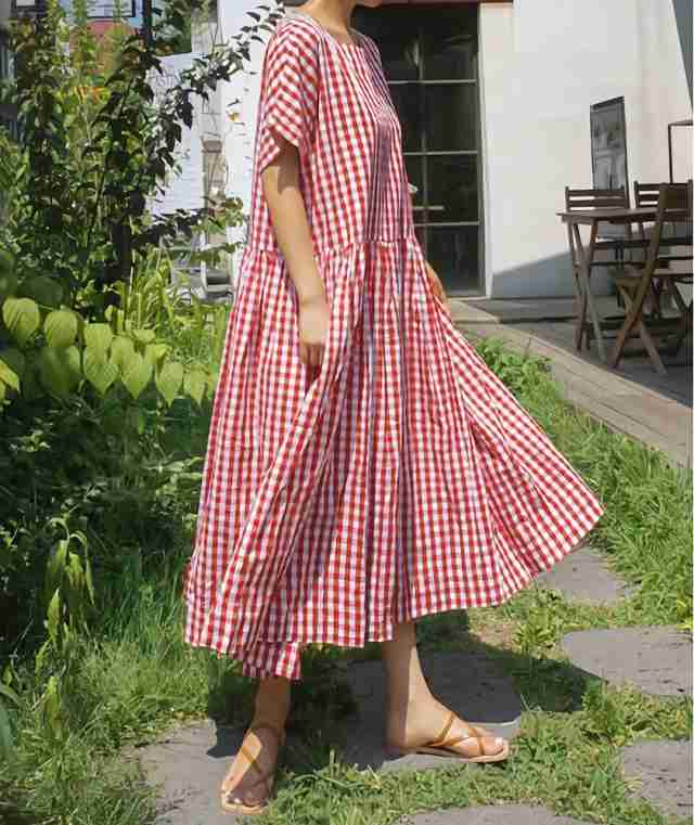 ワンピース 韓国 おしゃれ フレア ロング丈 ミモレ丈 レディース服 半袖 ラウンドネック Aライン ウエスト ギャザー 切り替え ギンガムチェ