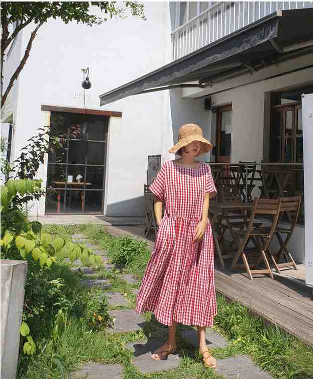 ワンピース 韓国 おしゃれ フレア ロング丈 ミモレ丈 レディース服 半袖 ラウンドネック Aライン ウエスト ギャザー 切り替え ギンガムチェ