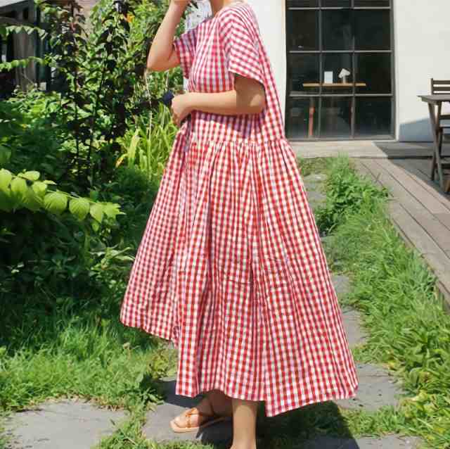 ワンピース 韓国 おしゃれ フレア ロング丈 ミモレ丈 レディース服 半袖 ラウンドネック Aライン ウエスト ギャザー 切り替え ギンガムチェ