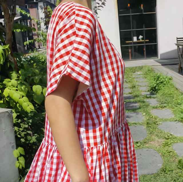 ワンピース 韓国 おしゃれ フレア ロング丈 ミモレ丈 レディース服 半袖 ラウンドネック Aライン ウエスト ギャザー 切り替え ギンガムチェ