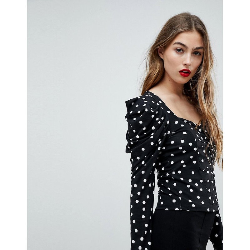 エイソス レディース トップス【ASOS Top with Ruched Front and Puff Sleeve in Mono Spot】Black エイソス レディース トップス【ASOS Top with Ruched Front and Puff Sleeve in Mono Spot】Black