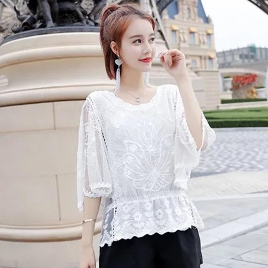 【本日限定】気質 韓国ファッション 長袖シャツ ドルマンスリーブ 白シャツ 花レース ギャザー ブラウス 体型カバー 刺繍 ゆったり 透け感